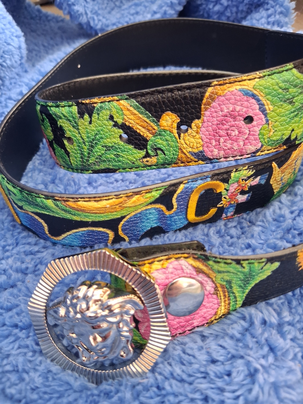 Versace Multicolor Floral Leather Belt with Medusa Buckle